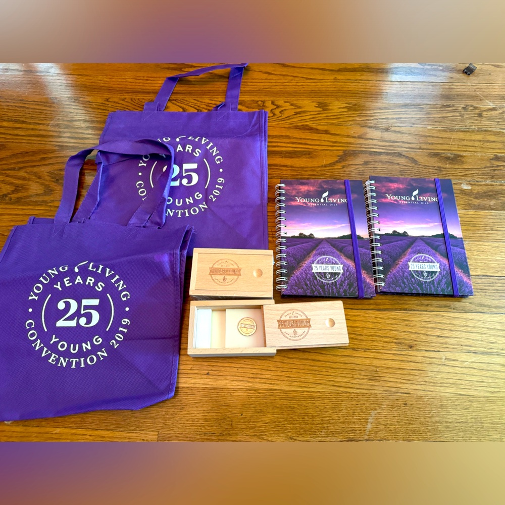 Young Living 25th Anniversary Souvenir Lot Bag Journal Notebook New 25th Oil Pin